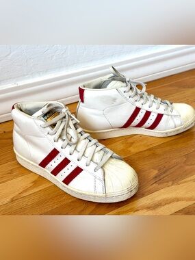 Adidas White and Red Classic High-Top Shell Toe Sneakers